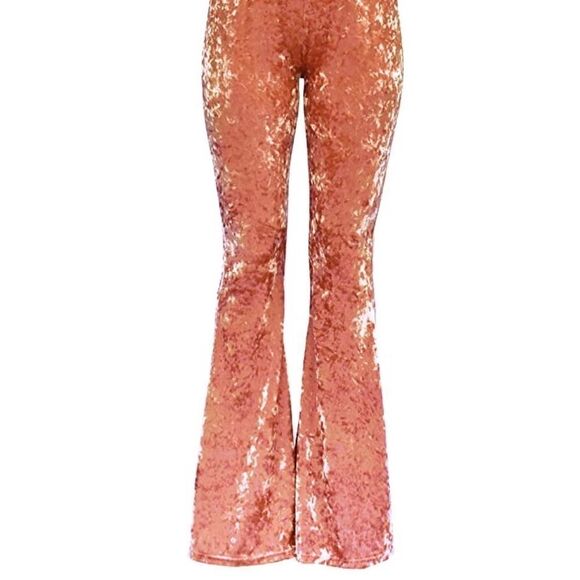 Bubble Gum Barbie Baby Pink Crushed Velvet Bell Bottom Flare Pants - Picture 3 of 9